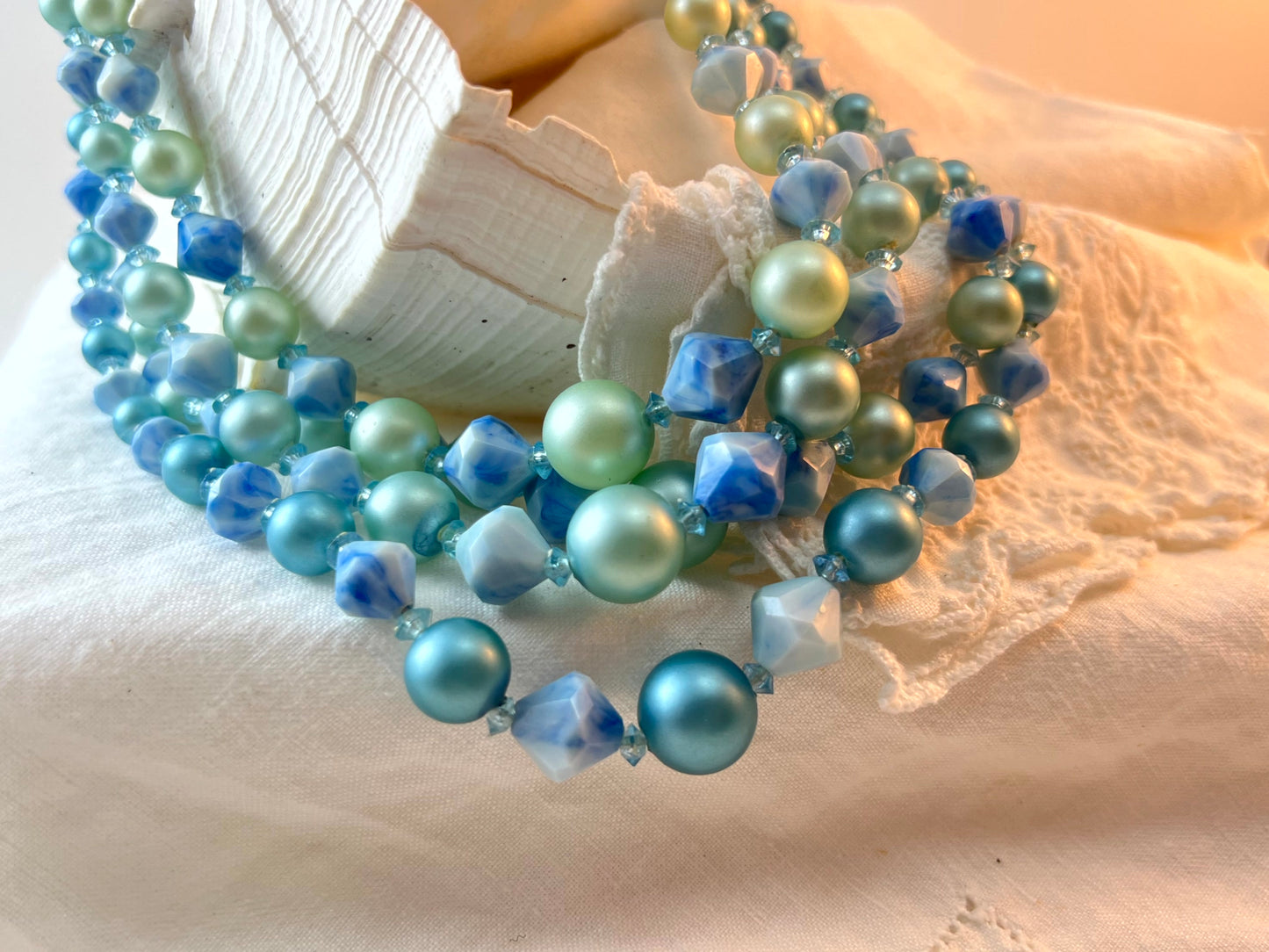 Vintage Hong Kong 4 Strand Light Blue Lucite Beaded Necklace