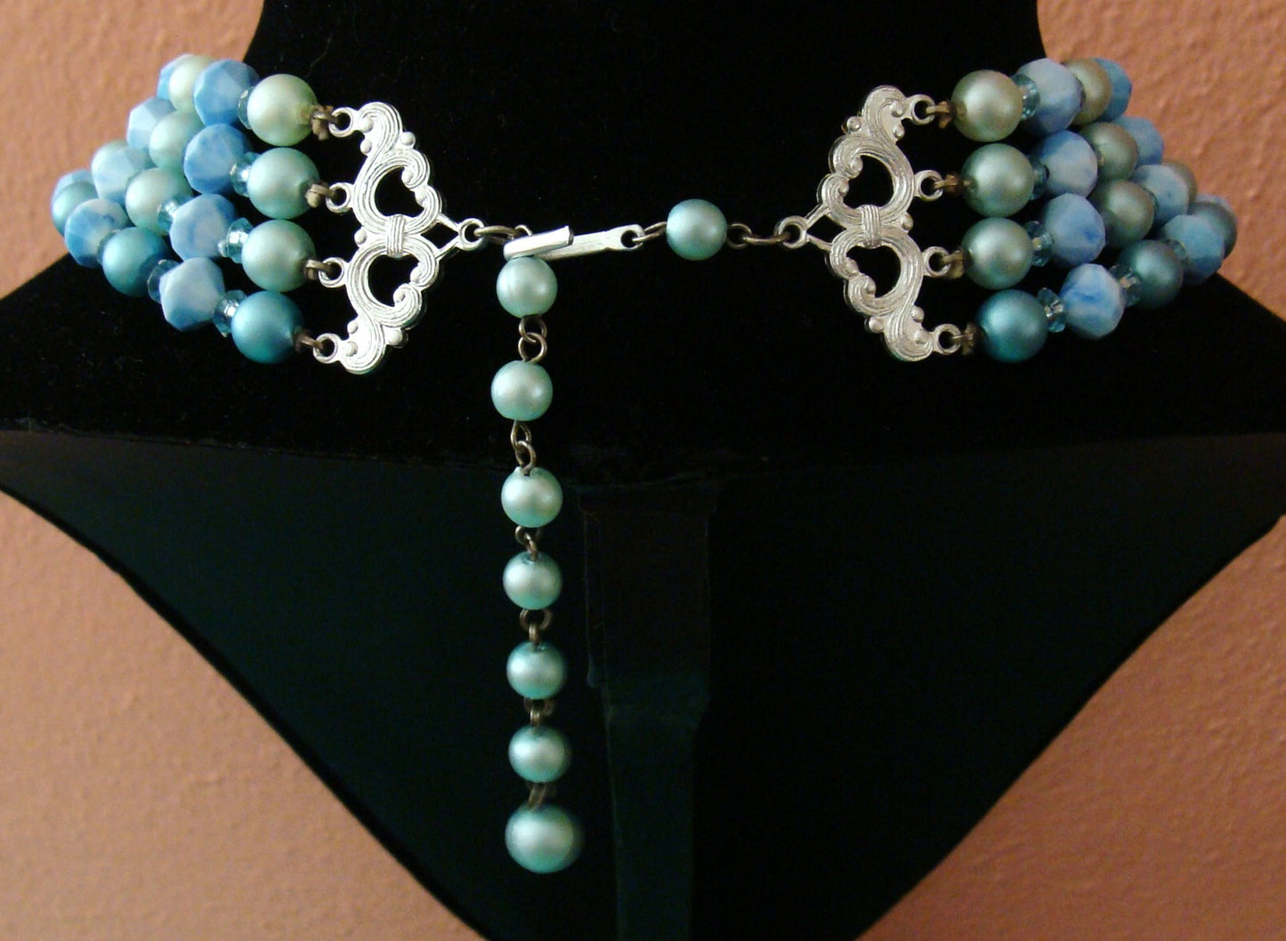 Vintage Hong Kong 4 Strand Light Blue Lucite Beaded Necklace