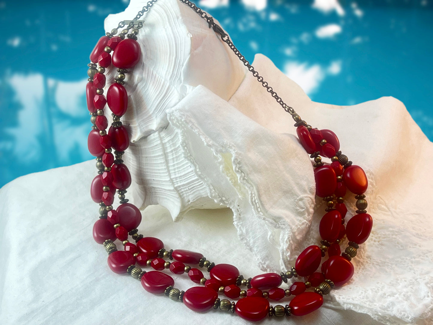 Vintage SAQ Ruby Red and Gold tone Necklace