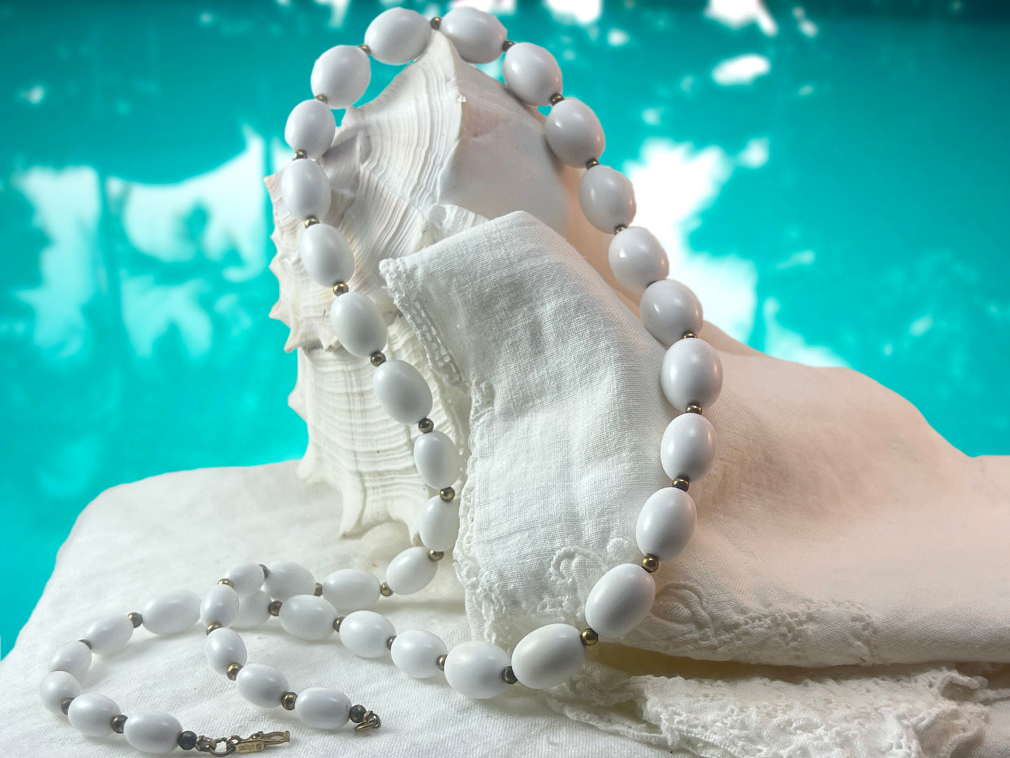 Vintage Monet Graduated White Oval Bead Necklace
