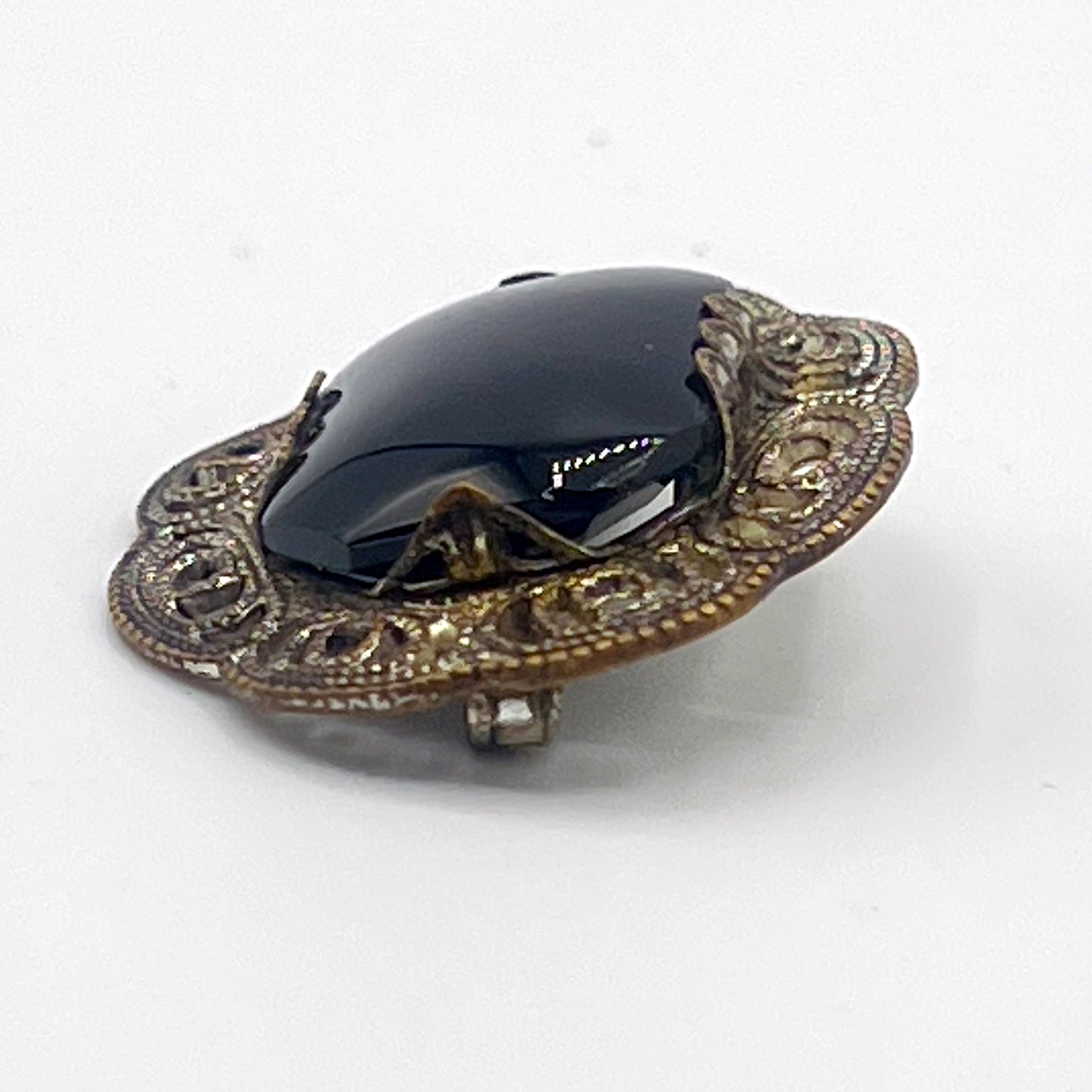 Silver Tone Filigree Oval Brooch with Black Onyx or Hematite Stone