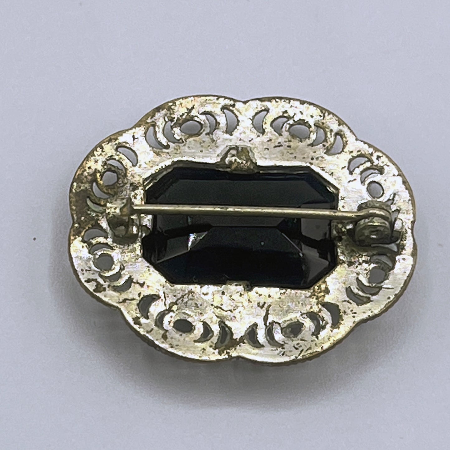 Silver Tone Filigree Oval Brooch with Black Onyx or Hematite Stone