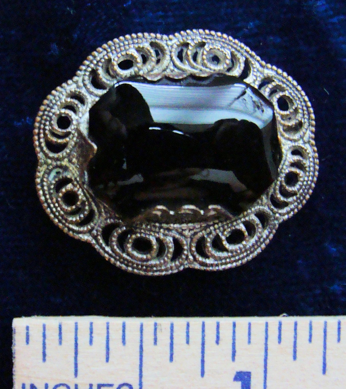 Silver Tone Filigree Oval Brooch with Black Onyx or Hematite Stone