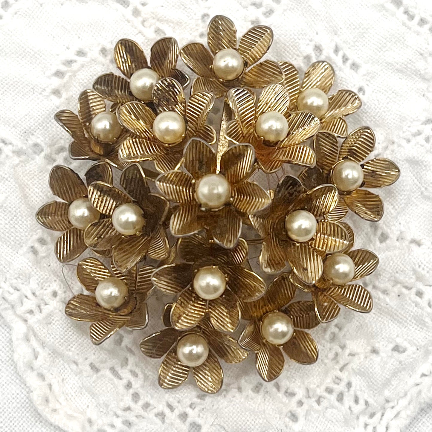 Signed Coro Faux Pearl Gold Tone Floral Brooch Early 1950s