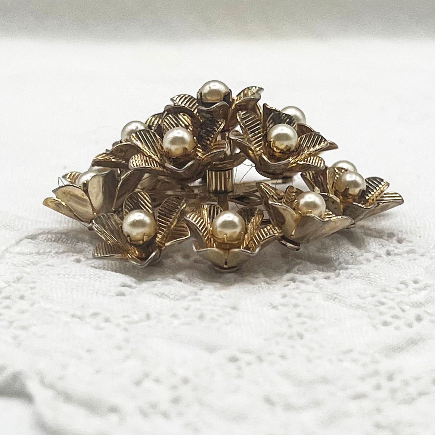 Signed Coro Faux Pearl Gold Tone Floral Brooch Early 1950s