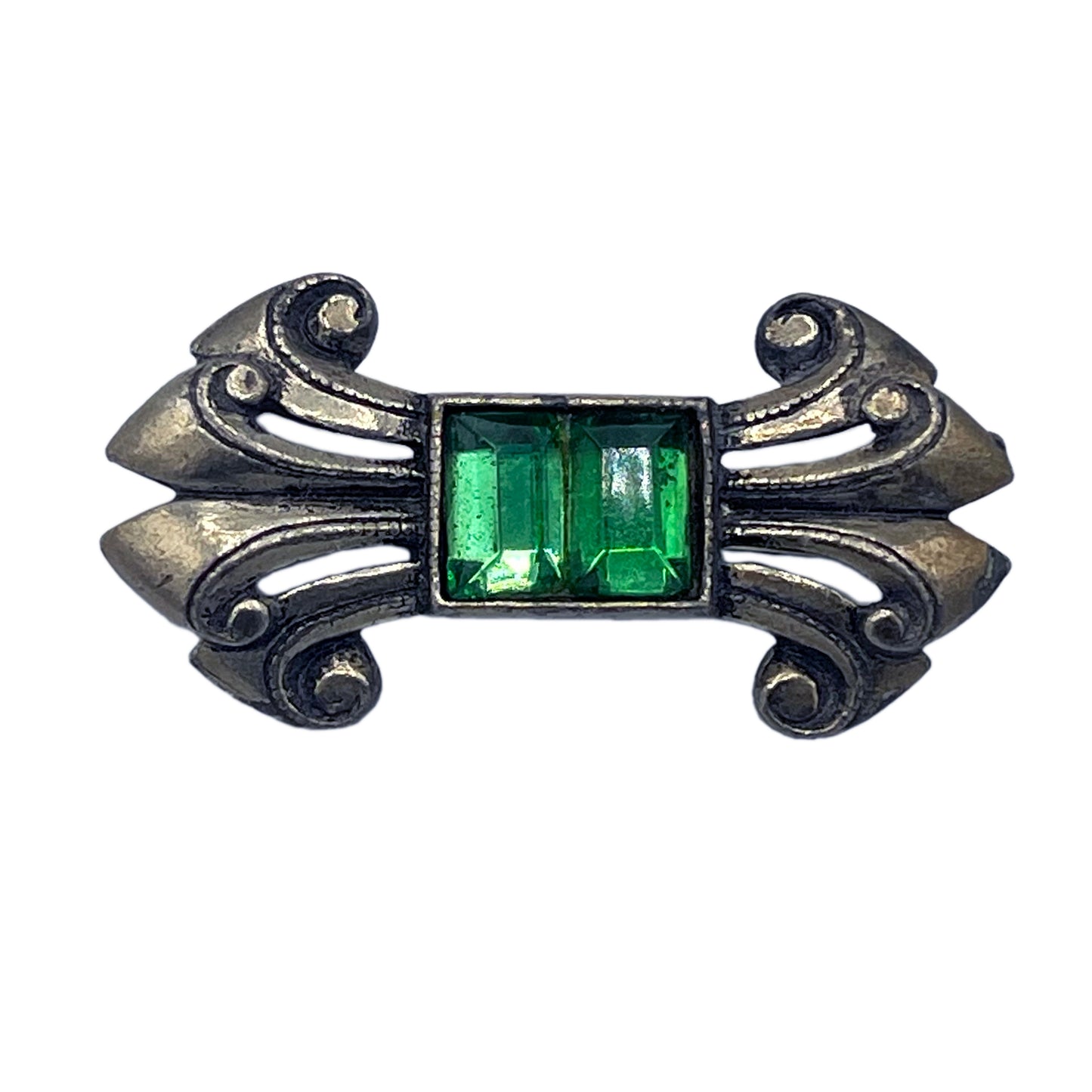 Pot Metal and Faceted Green Glass Bar brooch/Pin