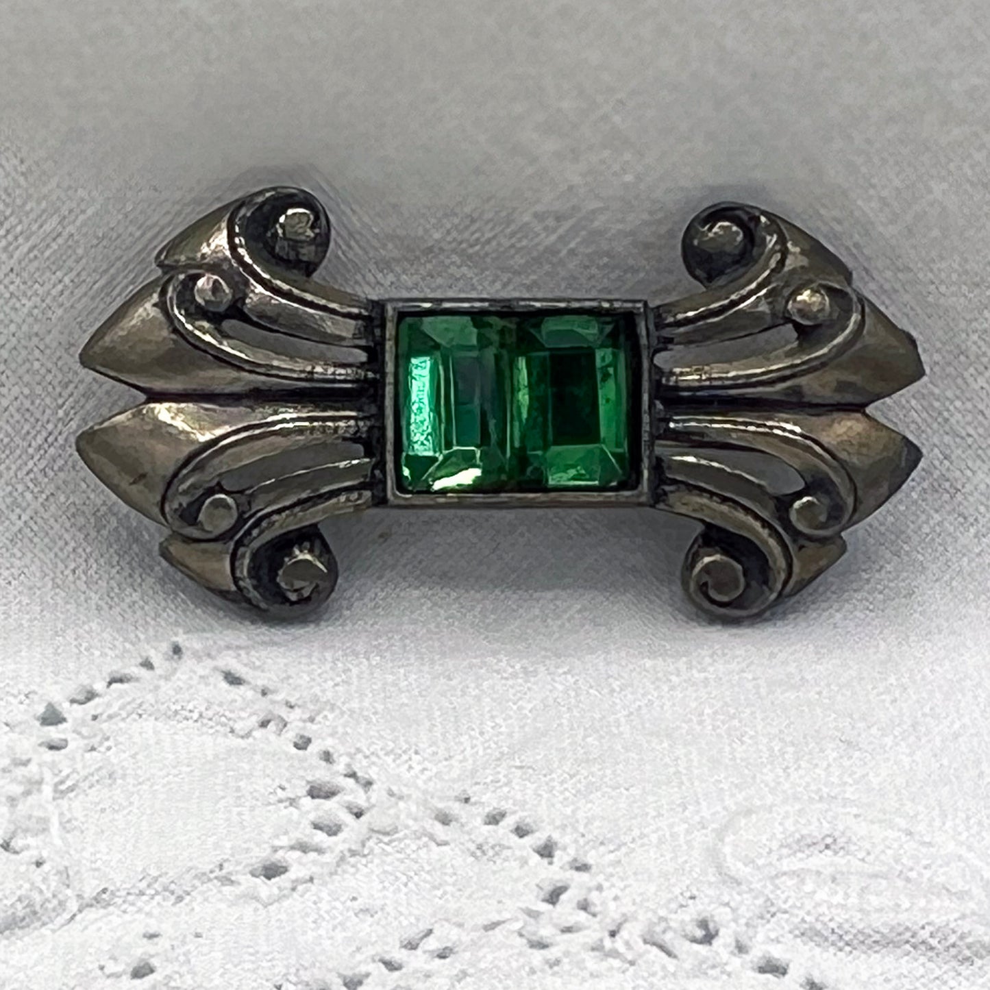 Pot Metal and Faceted Green Glass Bar brooch/Pin