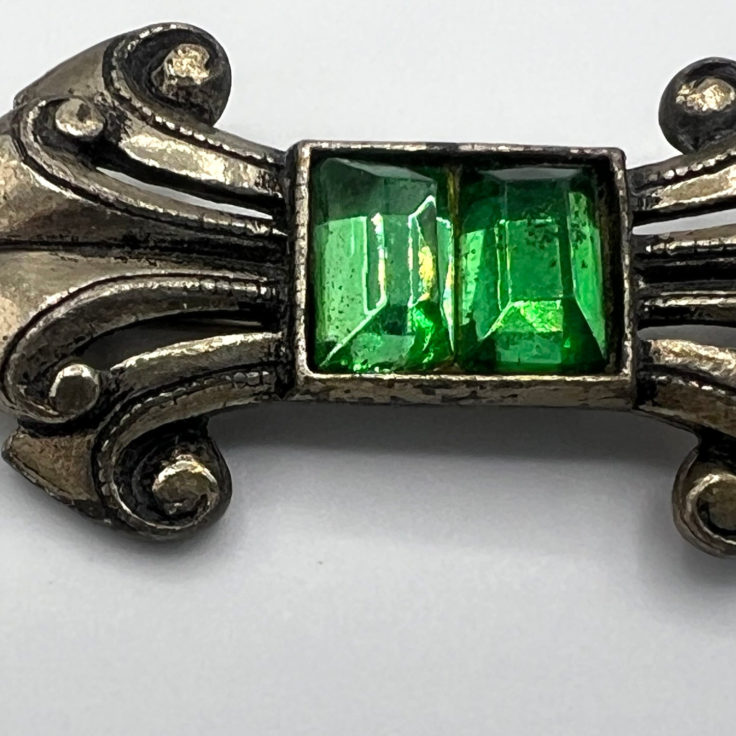 Pot Metal and Faceted Green Glass Bar brooch/Pin