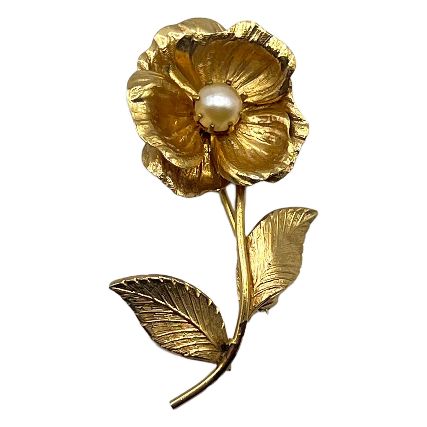 Signed Coro Single Flower Stem with Faux Pearl Center Brooch Pin