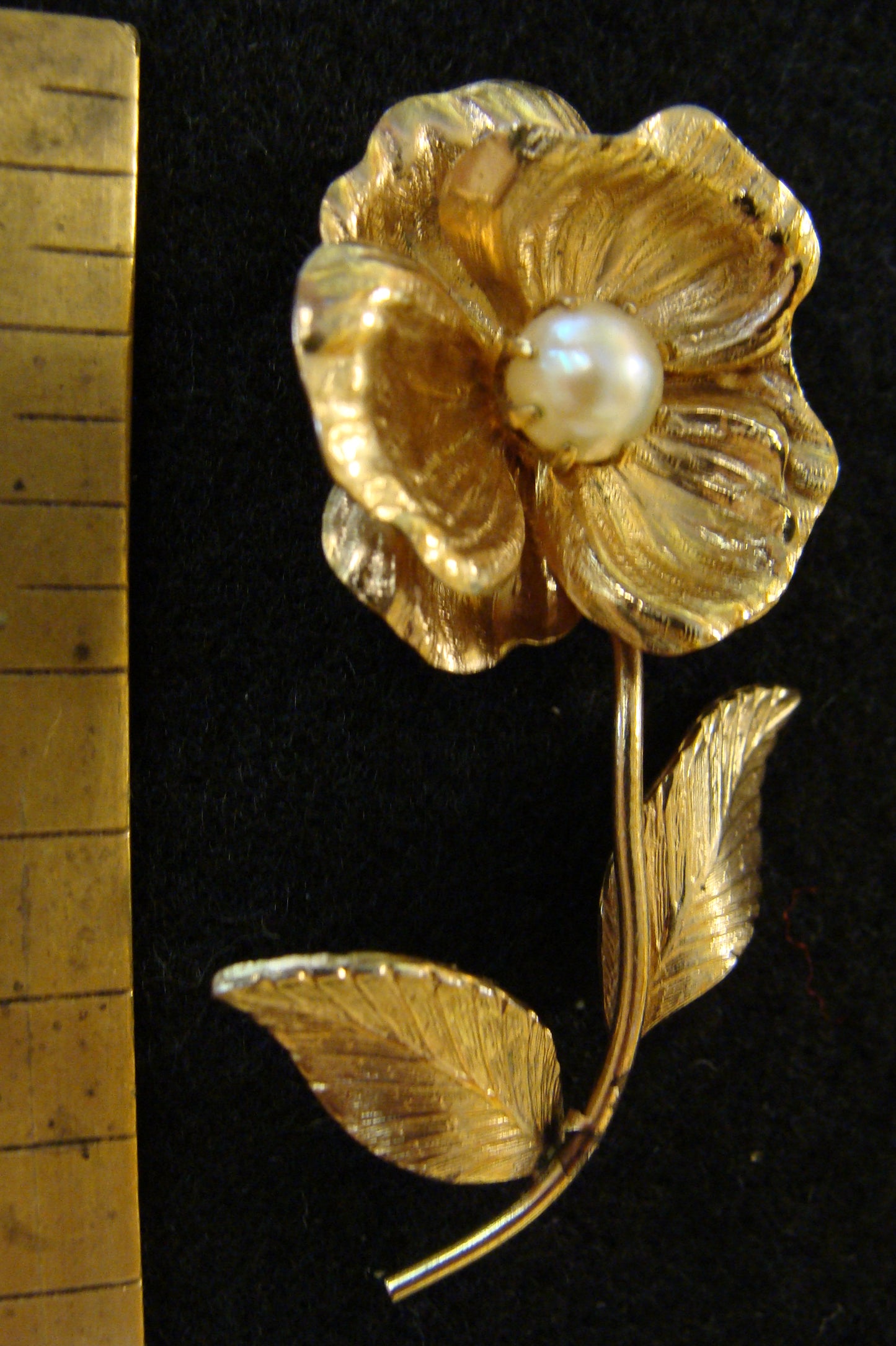 Signed Coro Single Flower Stem with Faux Pearl Center Brooch Pin