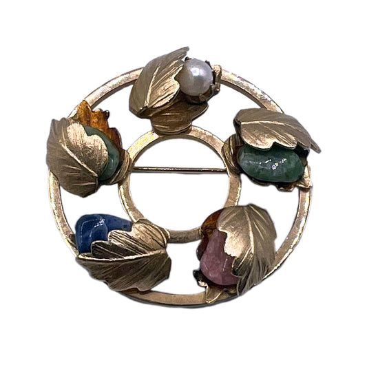 Sarah Coventry Circle Pin with Natural Stones and Faux Pearl