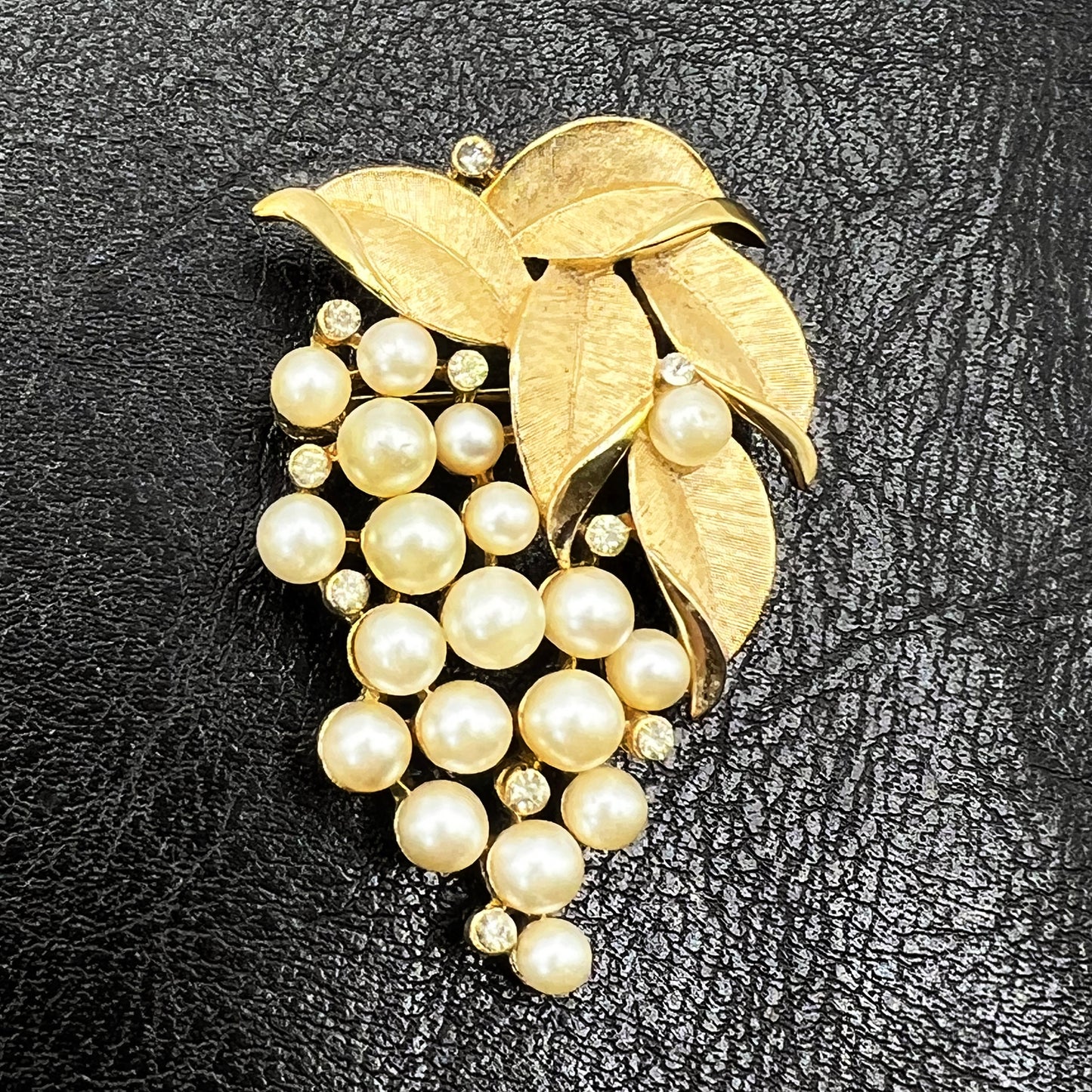 Crown Trifari 1960s Gold Tone, Faux Pearl and Rhinestone Grape Bunch Brooch