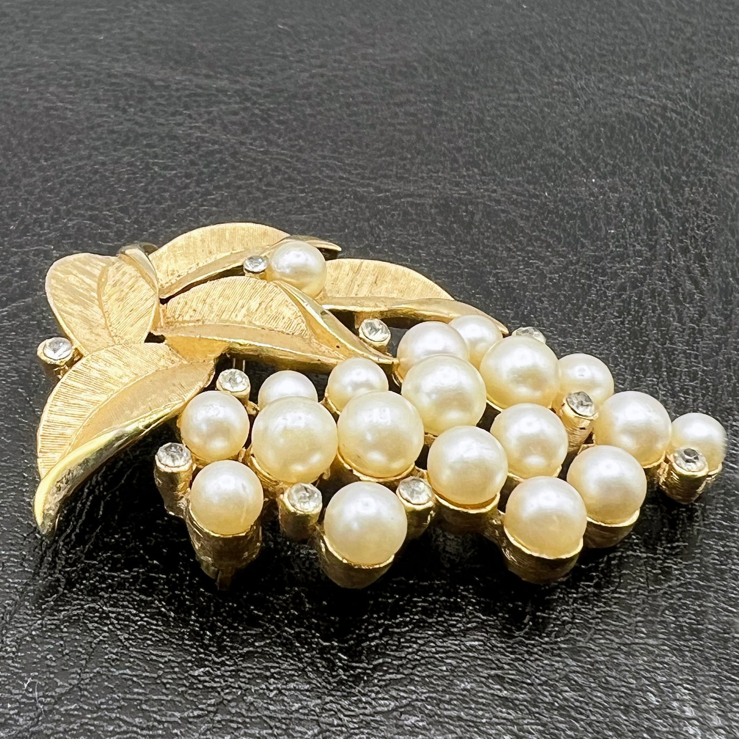 Crown Trifari 1960s Gold Tone, Faux Pearl and Rhinestone Grape Bunch Brooch