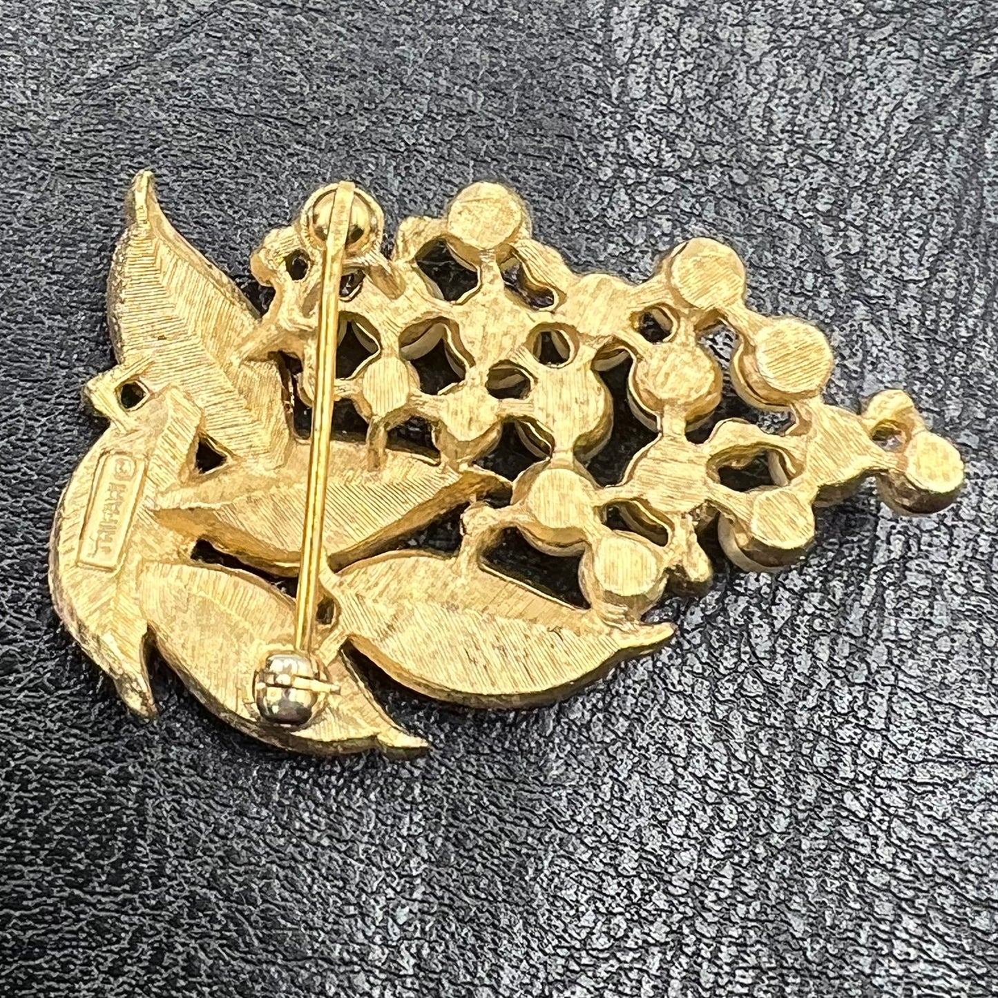 Crown Trifari 1960s Gold Tone, Faux Pearl and Rhinestone Grape Bunch Brooch