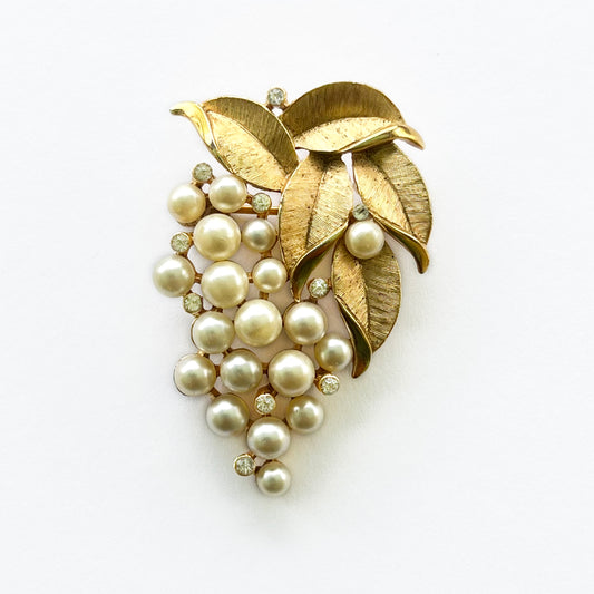 Crown Trifari 1960s Gold Tone, Faux Pearl and Rhinestone Grape Bunch Brooch