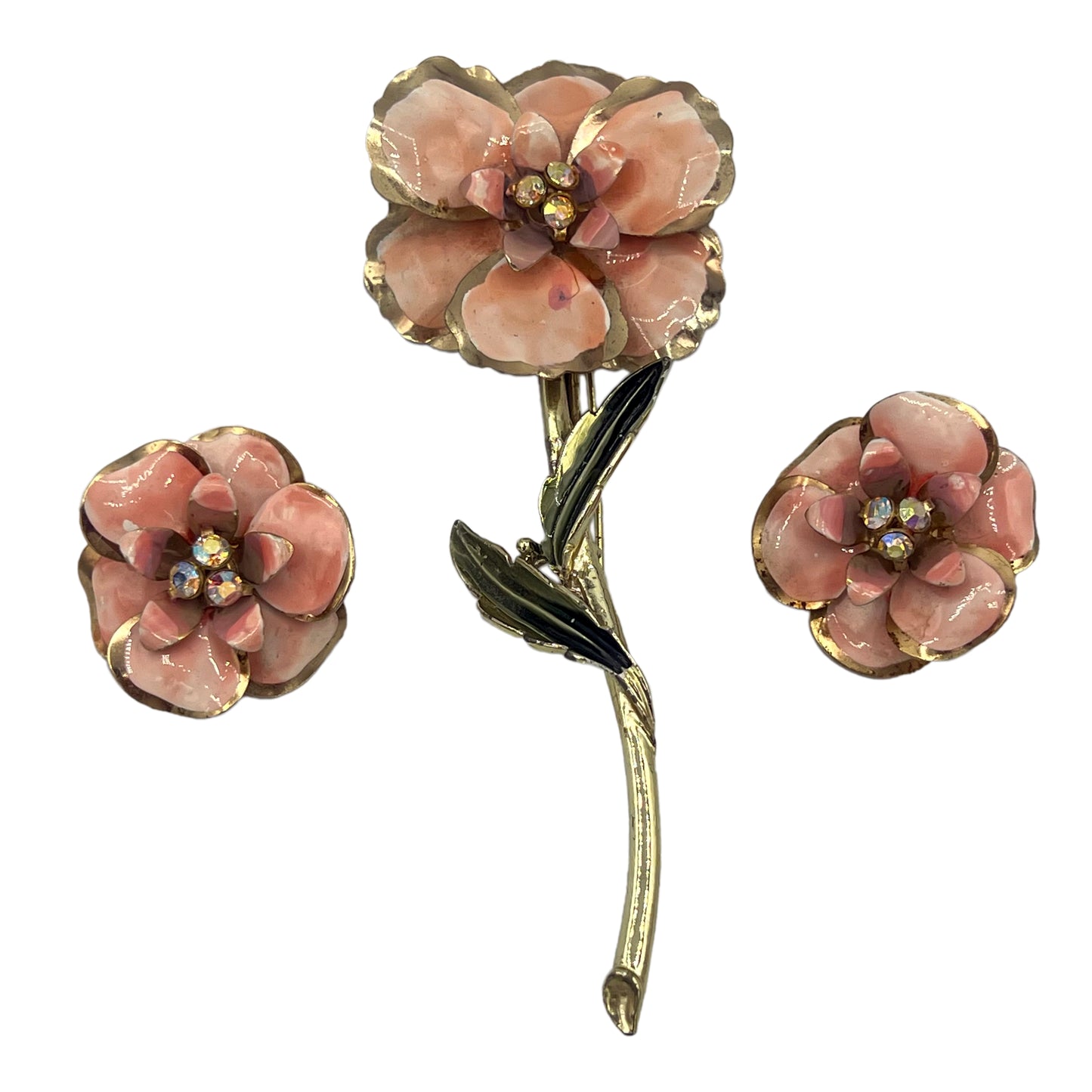 Pink Enamel & Rhinestone Flower Brooch with Matching Earrings