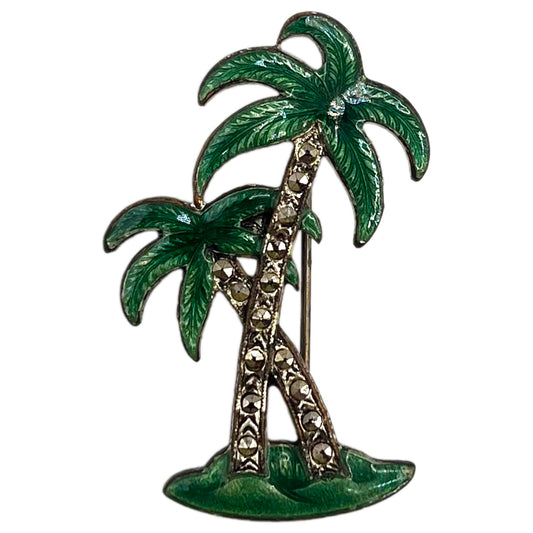 Vintage Enamel and Marcasite Silver Tone Palm Tree Brooch