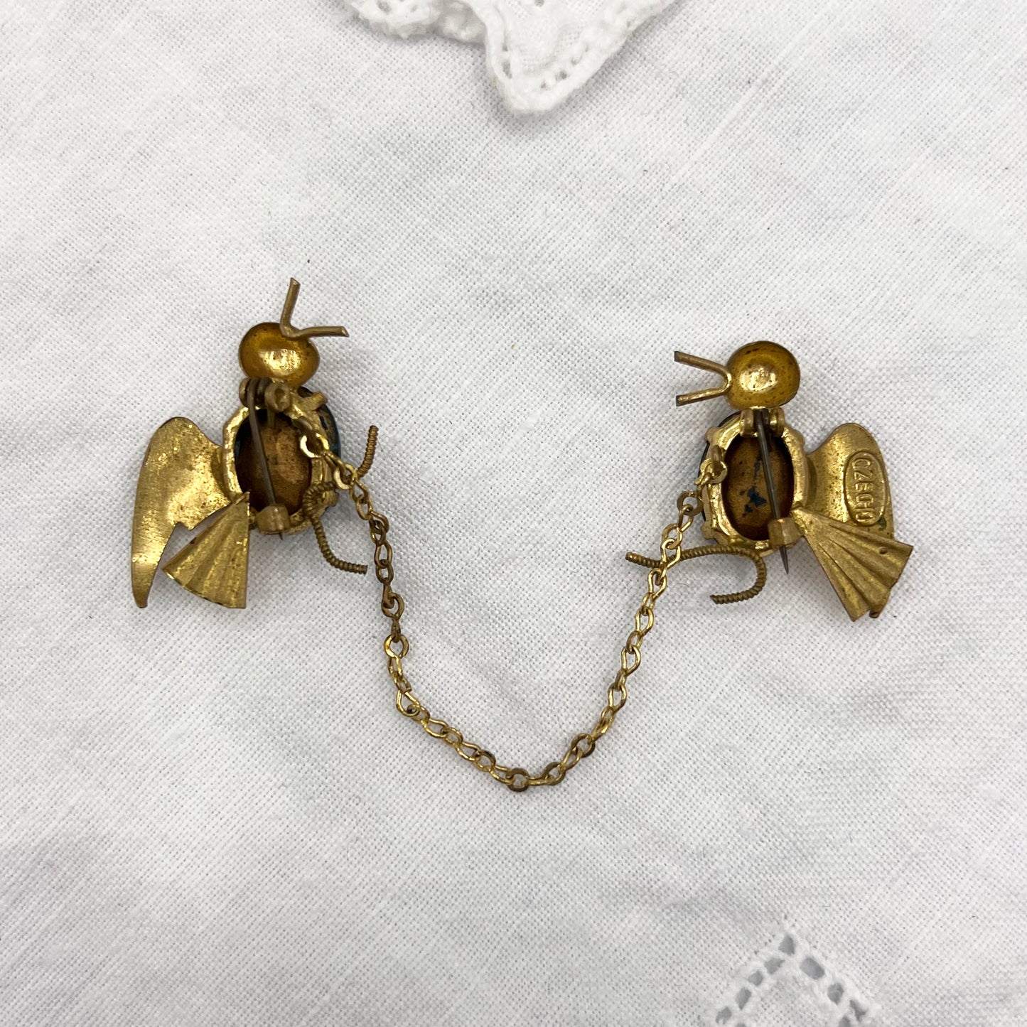 1940s Czech Signed Blue Crystal Love Birds Brooch
