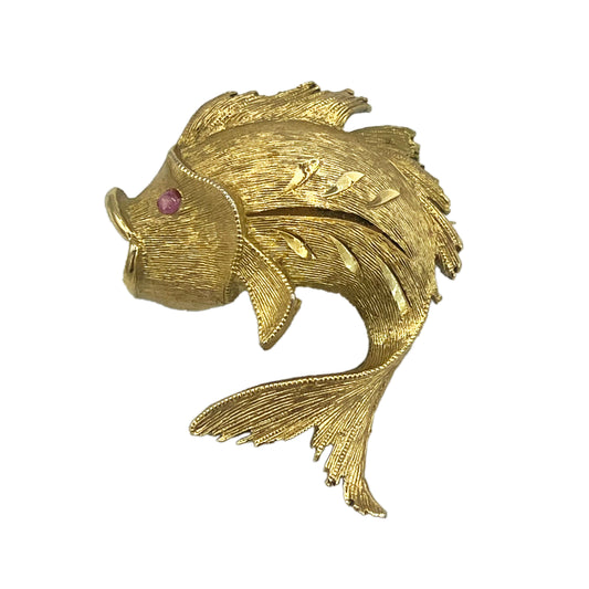 Vintage Gold Tone Fish Brooch with Red Eye Signed JJ