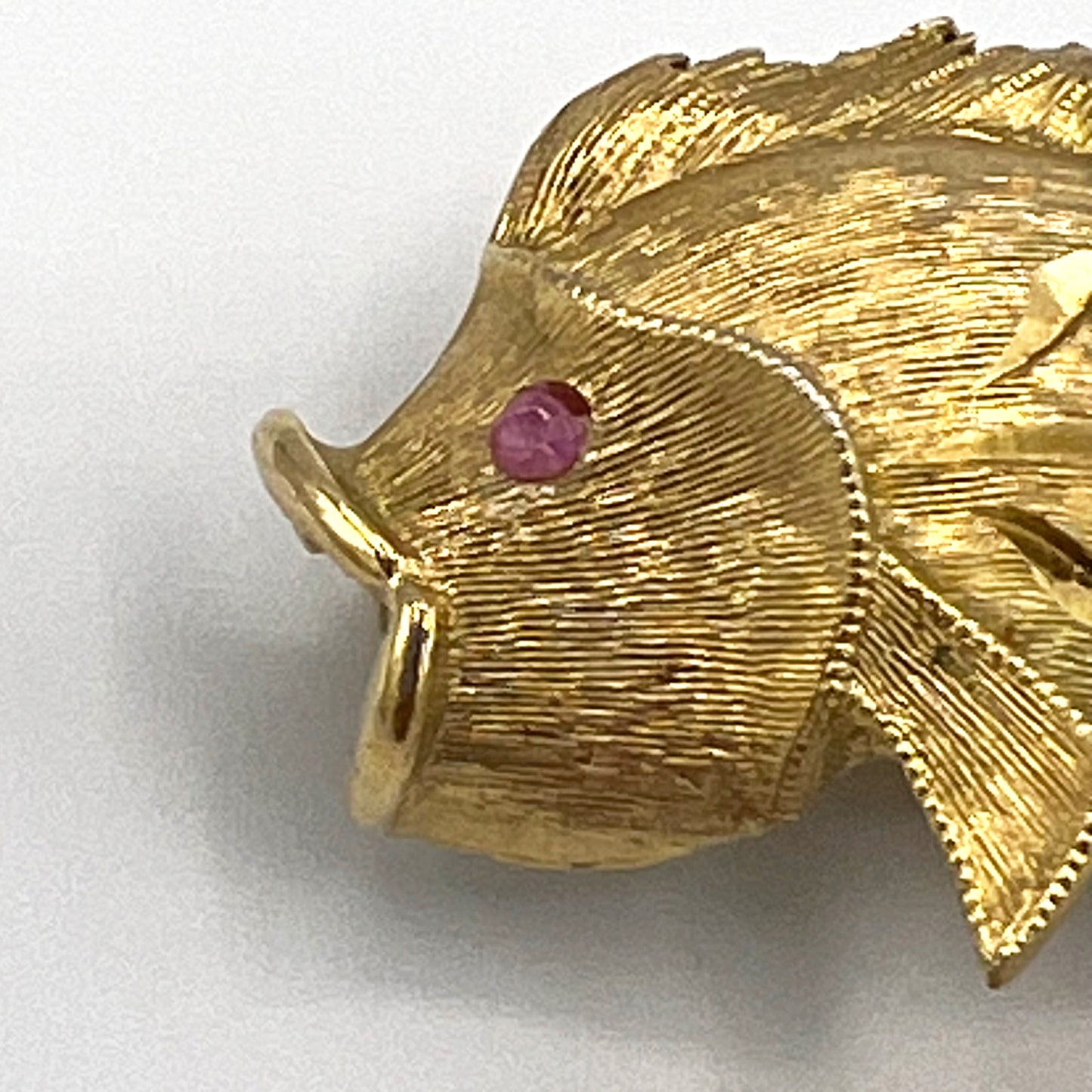 Vintage Gold Tone Fish Brooch with Red Eye Signed JJ
