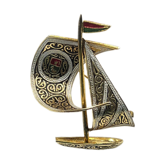 Vintage Spain Damascene Sailboat Brooch