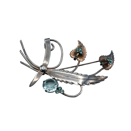 Art Deco Sterling Floral Spay Brooch with Aqua Blue Rhinestone Accents