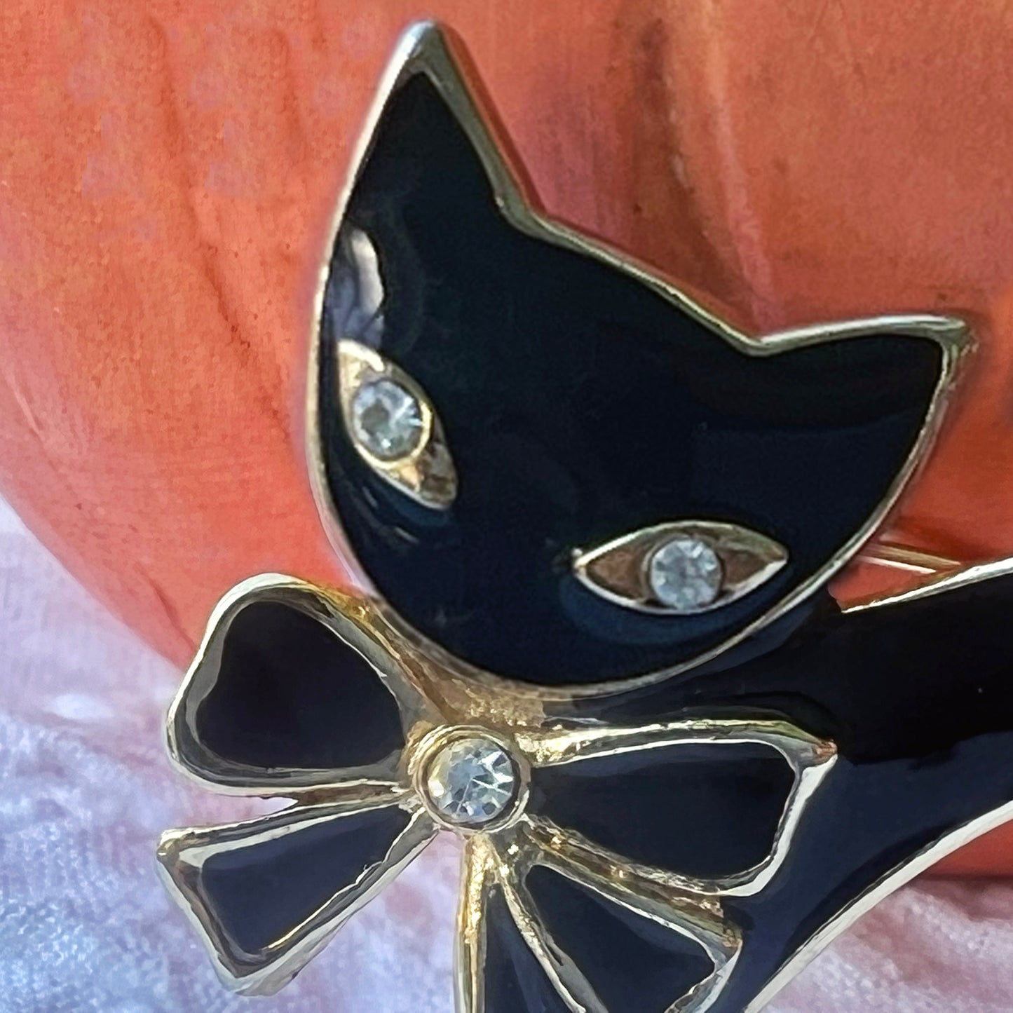 Enamel and Gold-Tone Black Cat with Rhinestone Eyes