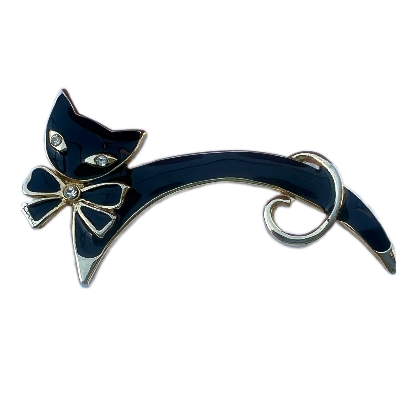 Enamel and Gold-Tone Black Cat with Rhinestone Eyes