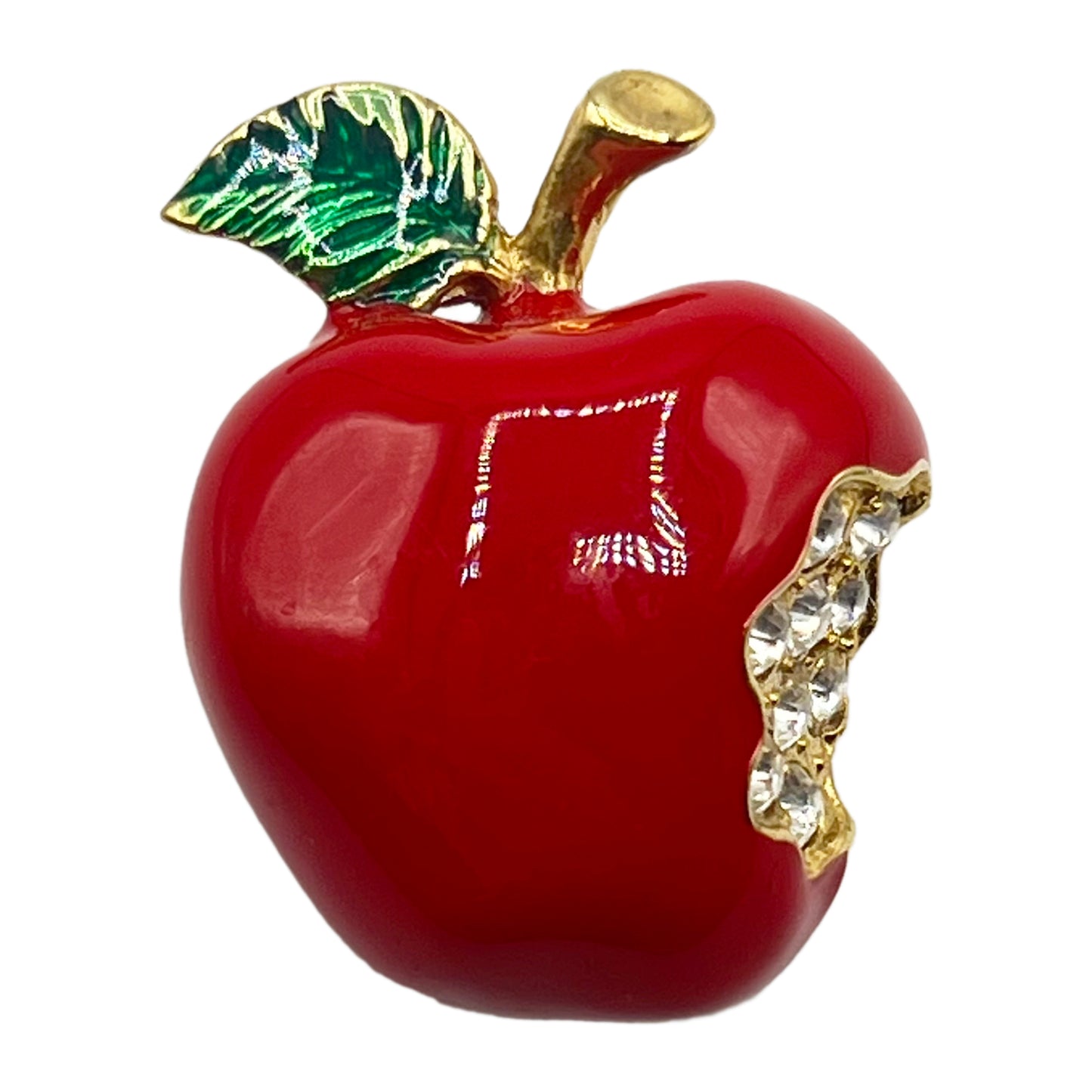 Bright Red Enamel and Rhinestone Apple Brooch Pin