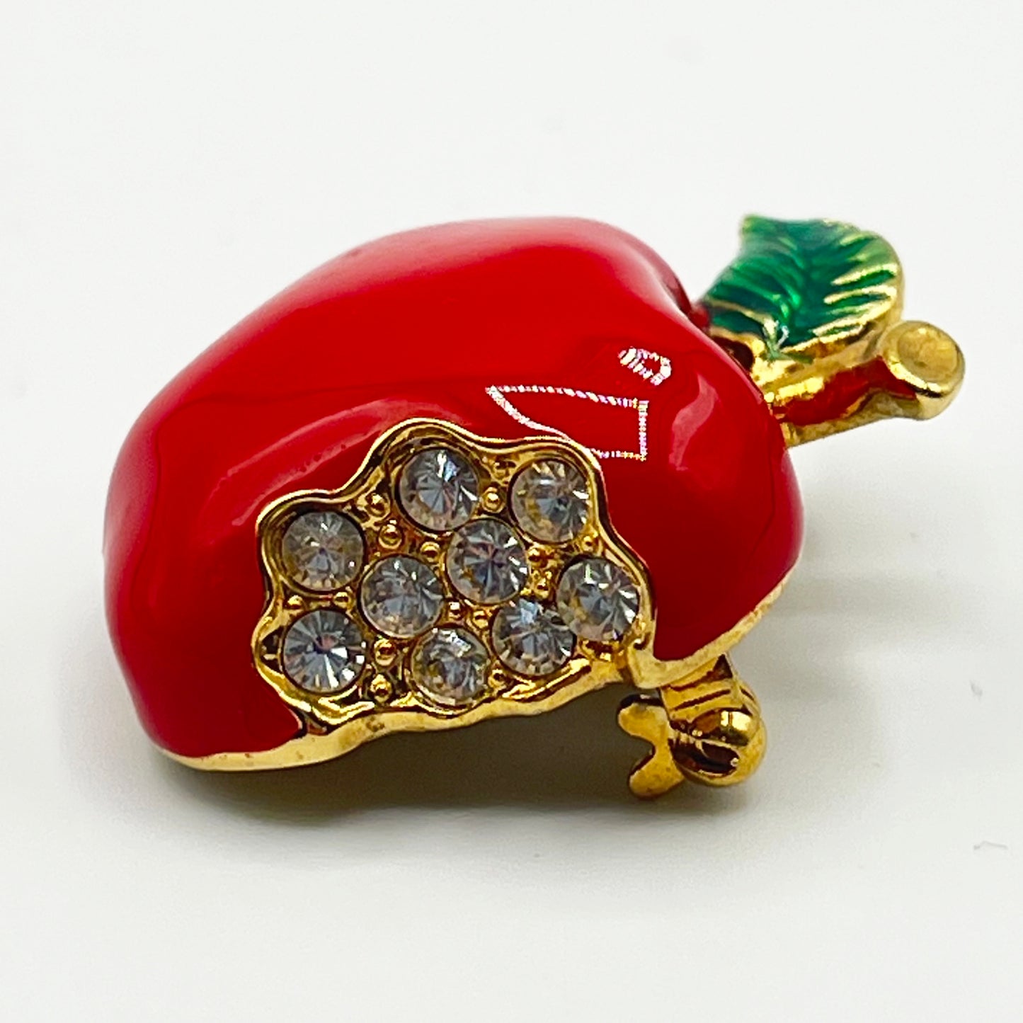 Bright Red Enamel and Rhinestone Apple Brooch Pin