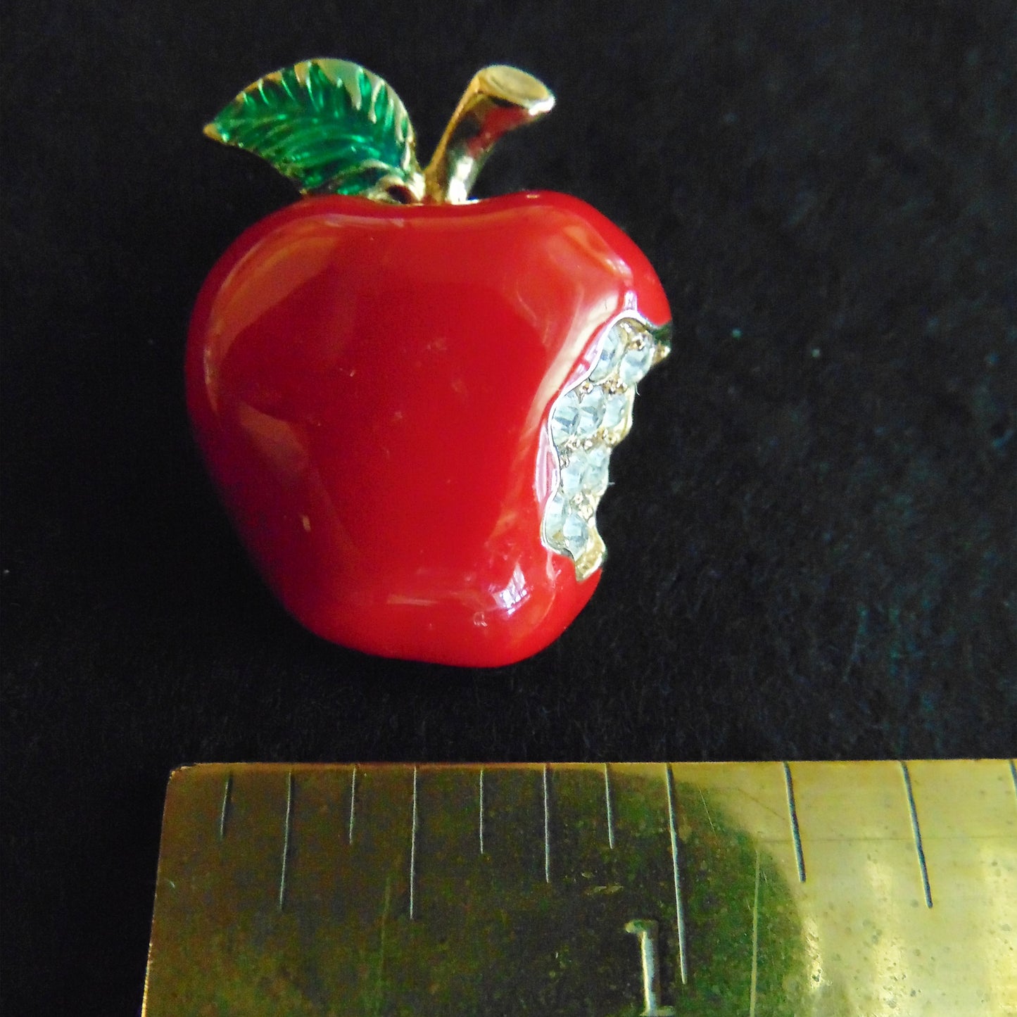 Bright Red Enamel and Rhinestone Apple Brooch Pin