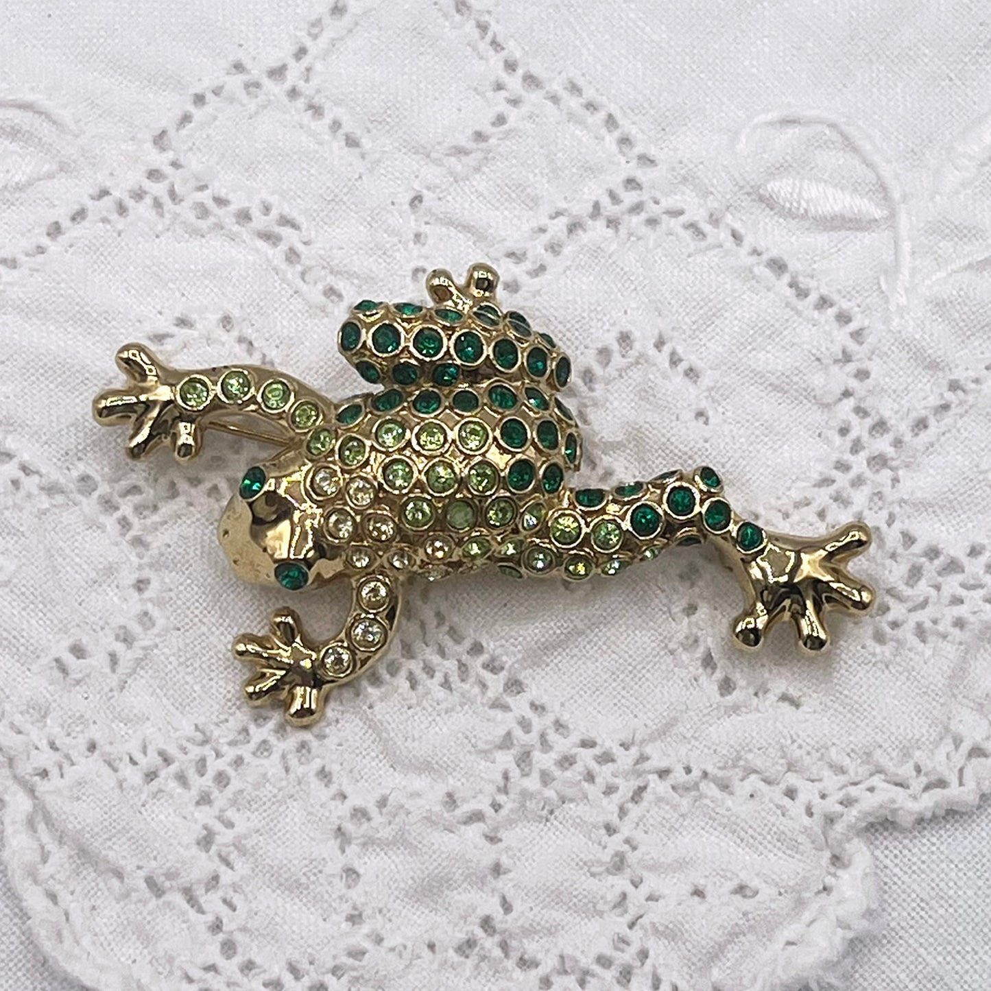 1980s Monet Gold Tone and Crystal Frog Brooch