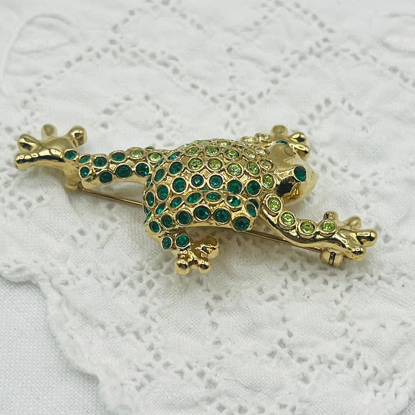 1980s Monet Gold Tone and Crystal Frog Brooch