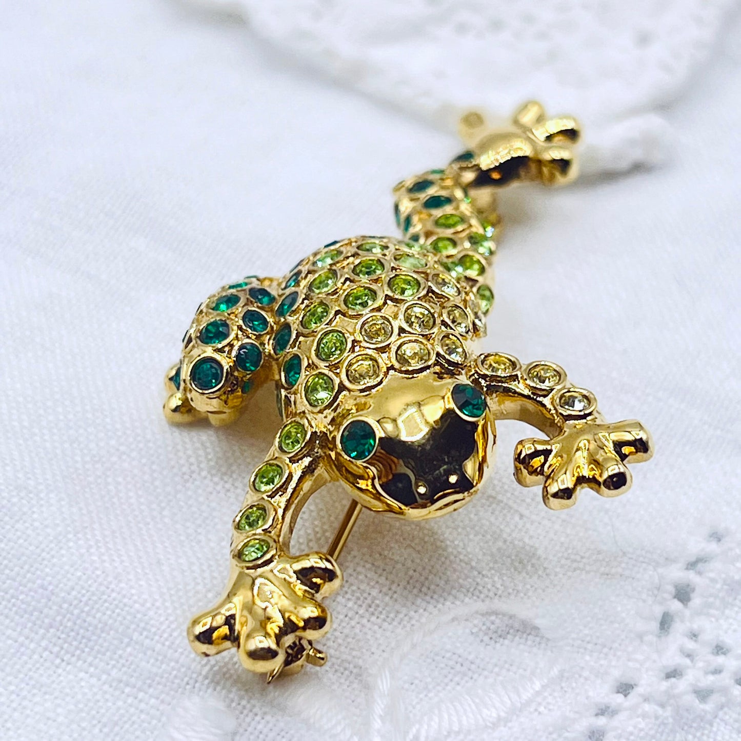 1980s Monet Gold Tone and Crystal Frog Brooch