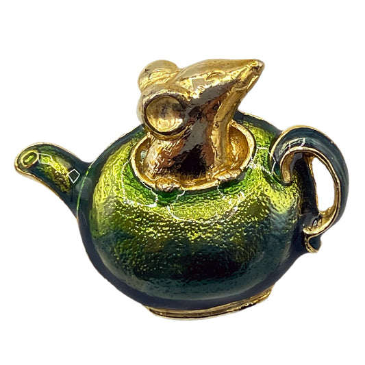 Signed SFJ Rare Enamel Teapot with Mouse Brooch/Pin