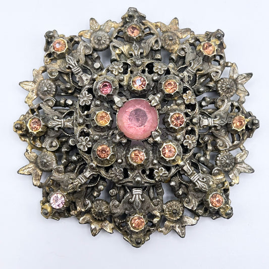 Unsigned Czech Round Metal Filigree with Pink Rhinestones Brooch
