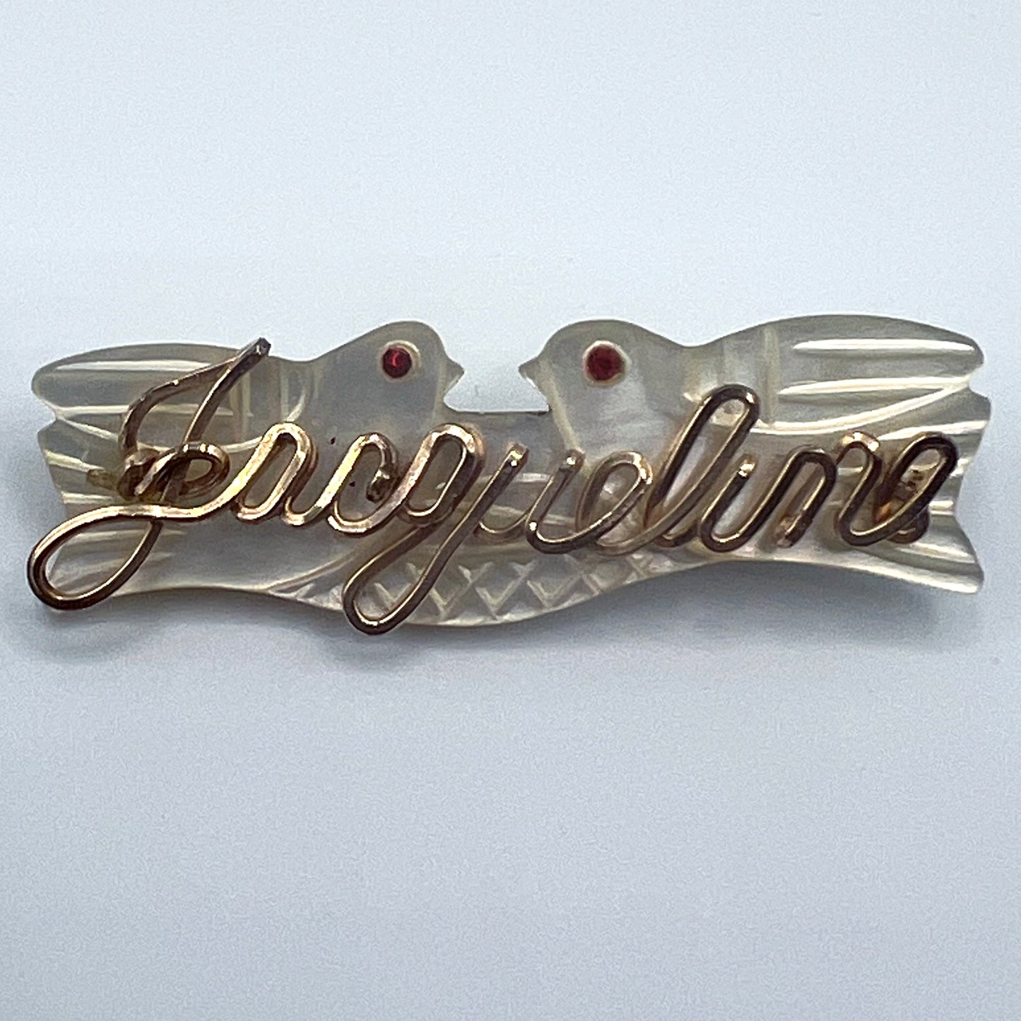 Vintage 1950s Mother-of-Pearl Doves Jacqueline Name Brooch