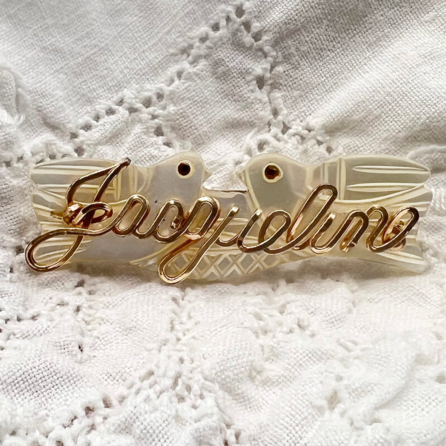 Vintage 1950s Mother-of-Pearl Doves Jacqueline Name Brooch