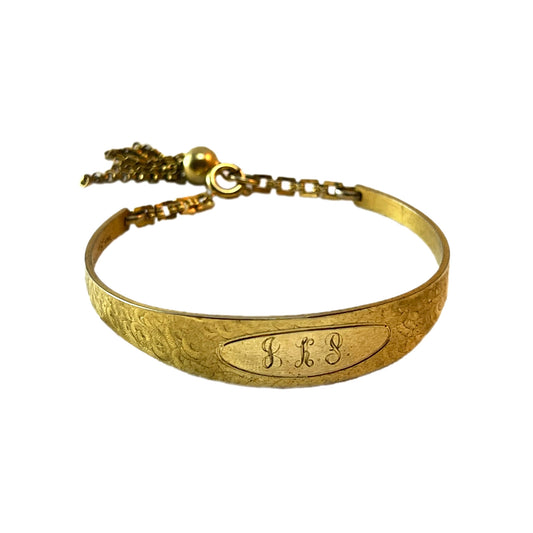 Vintage Monogrammed Gold Tone Cuff Bracelet With Tassel Dangle