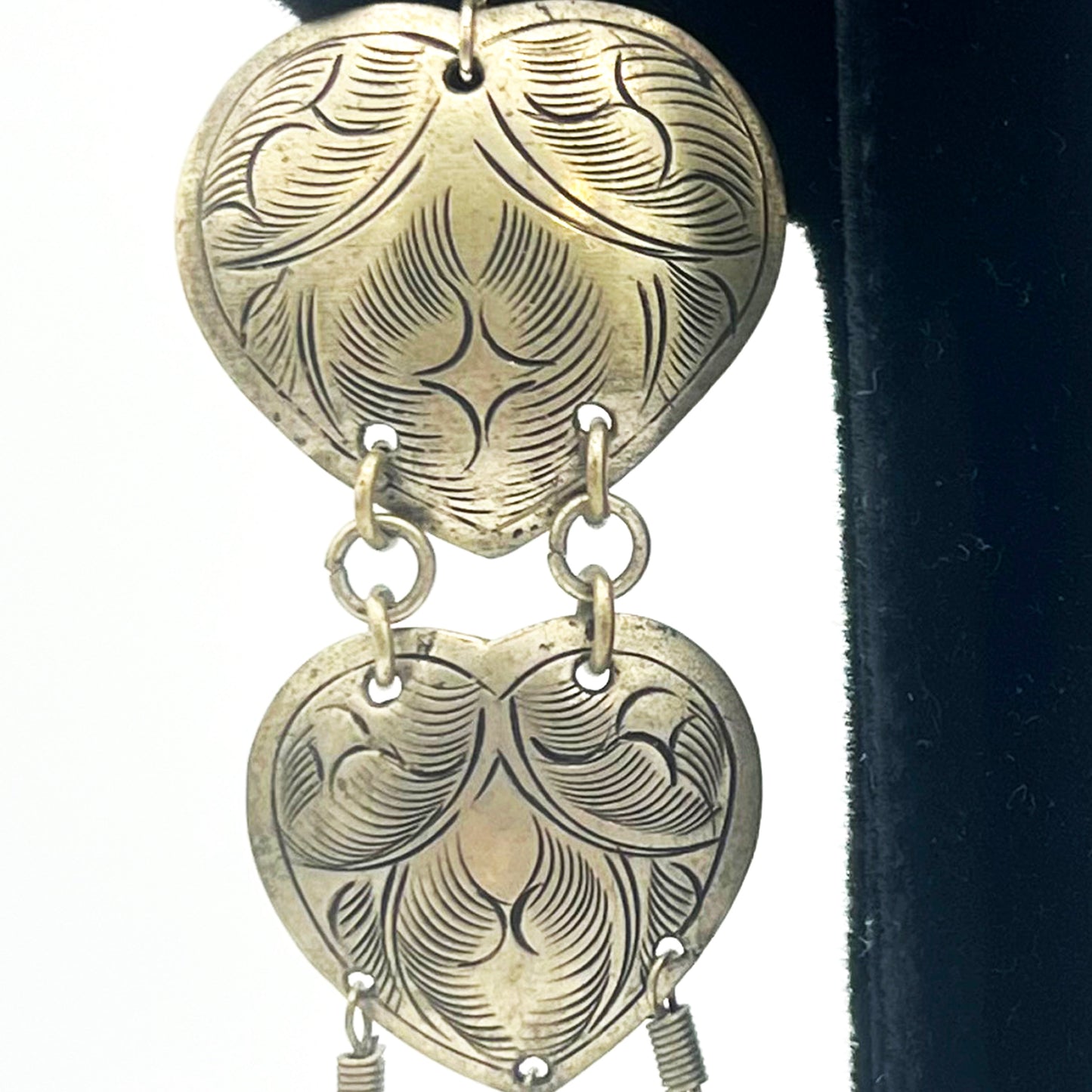 1980s Handmade Etched Double Heart Dangle Earrings