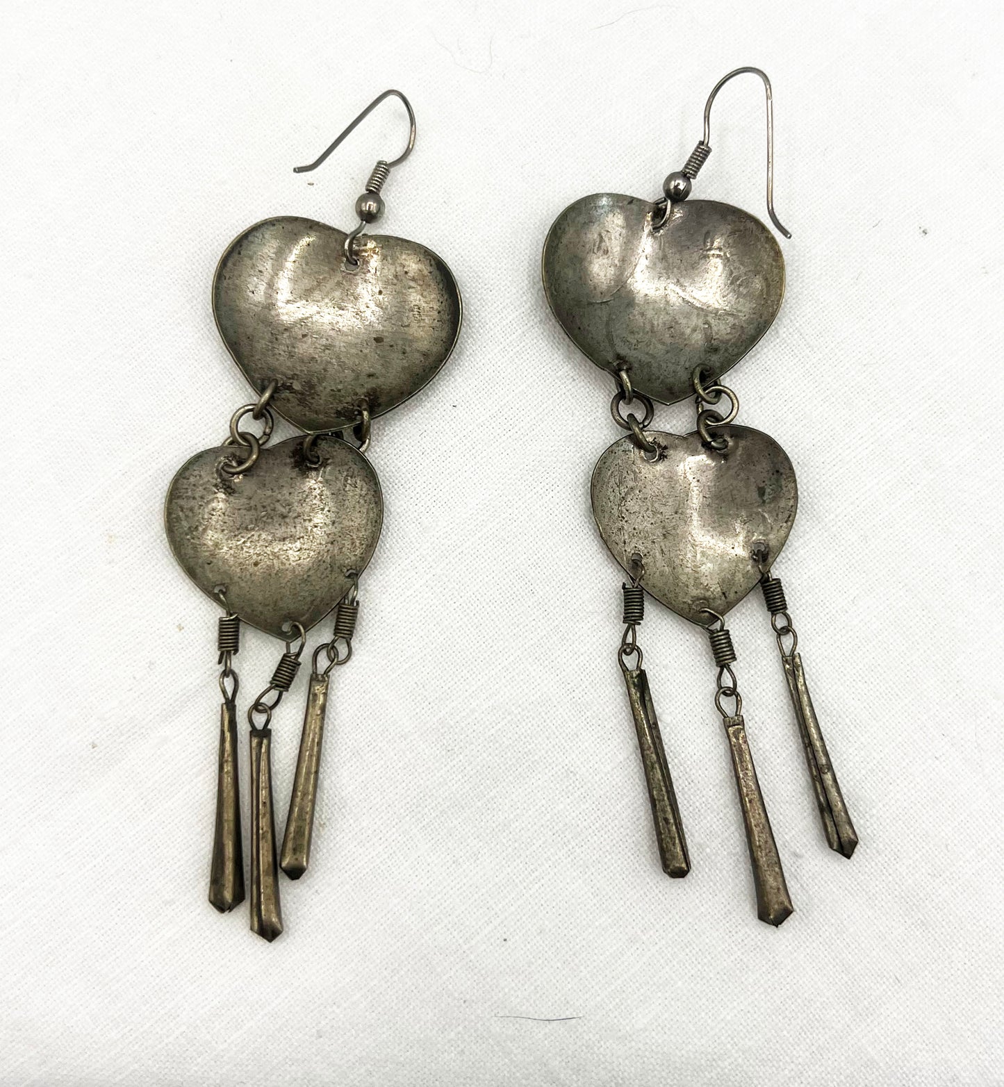 1980s Handmade Etched Double Heart Dangle Earrings