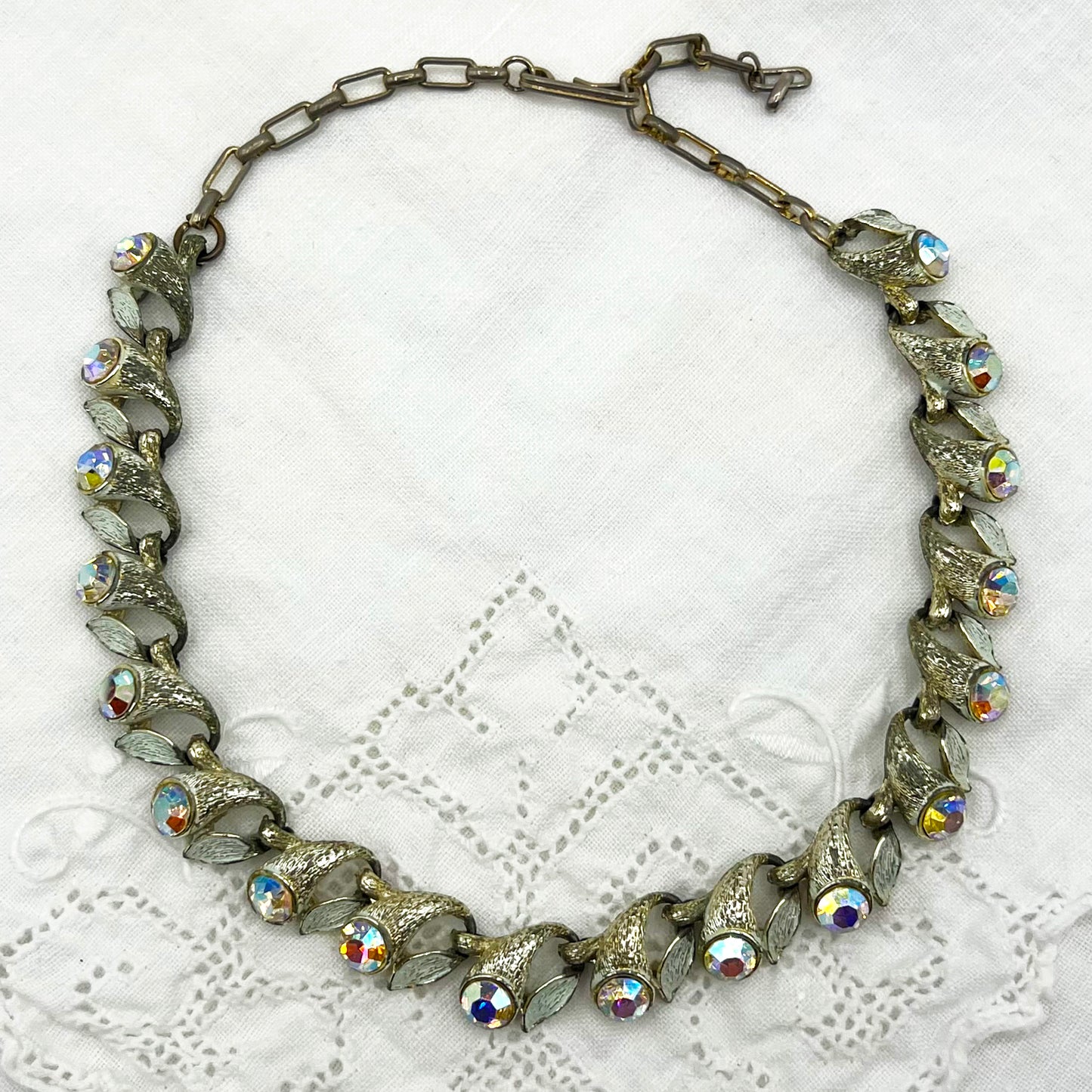 1960s Aurora Borealis Rhinestones Brushed Gold Tone Choker Necklace