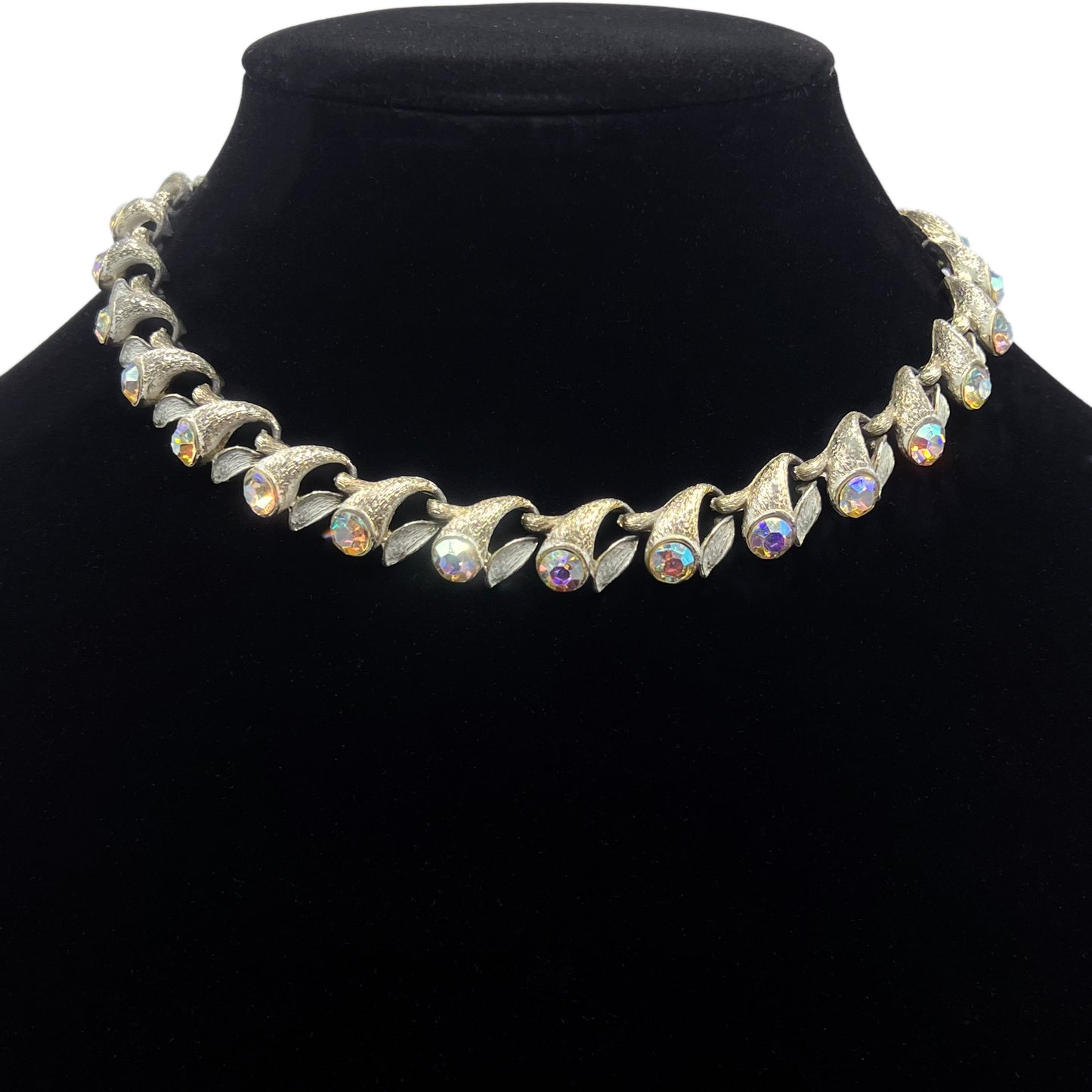 1960s Aurora Borealis Rhinestones Brushed Gold Tone Choker Necklace