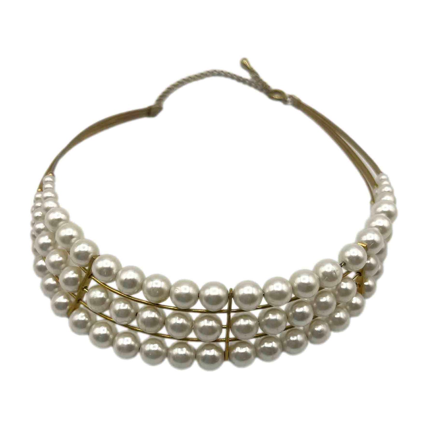 Three Rows White Beads on Gold Tone Wire Metal Adjustable Choker Necklace