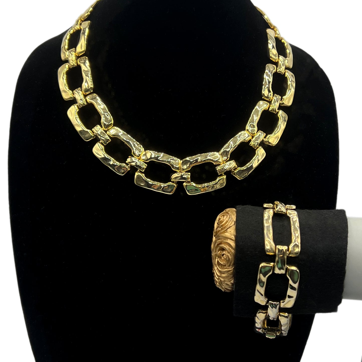 Vintage 1980s Hammered Square Link Necklace and Bracelet