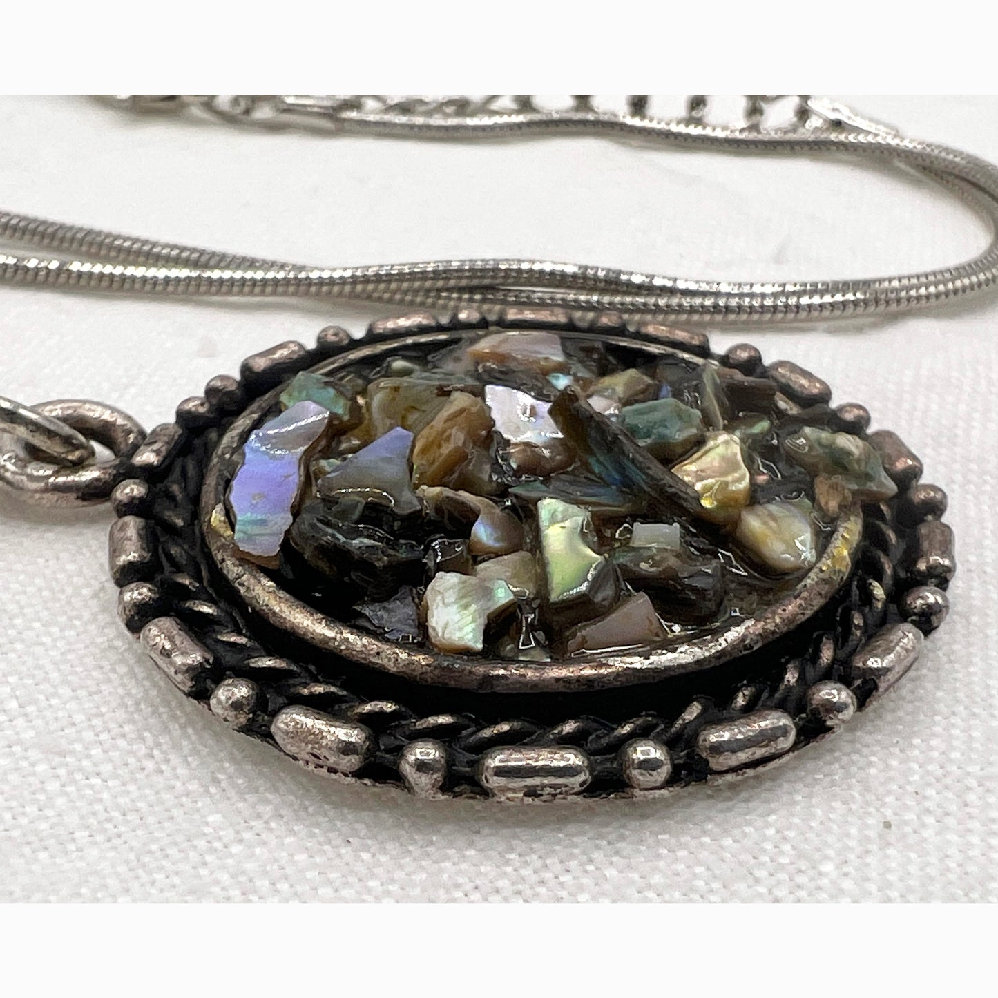 Signed Scorpio R. I. Abalone Textured Pendant Necklace