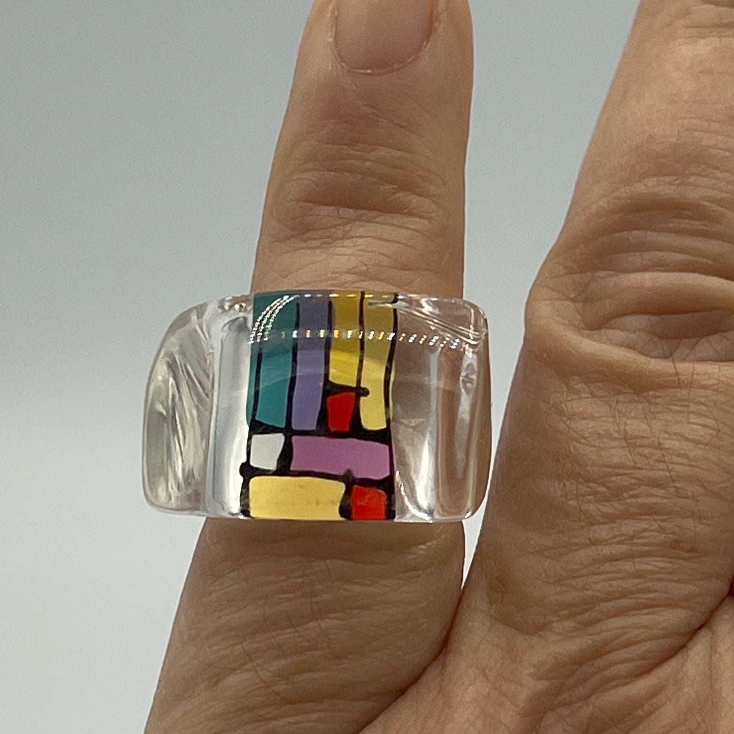 Clear Lucite 1970s Reverse Painted Geometic Ring