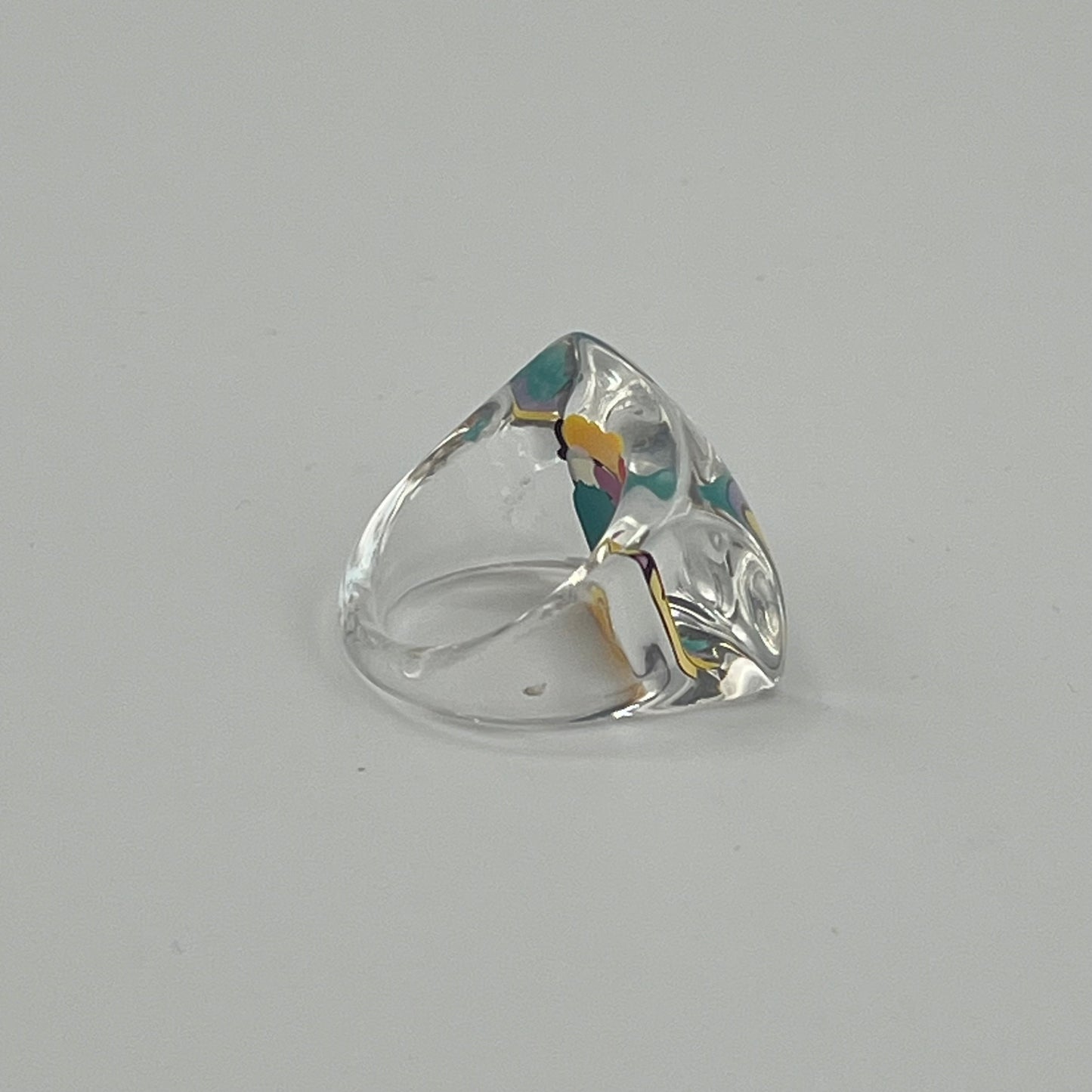 Clear Lucite 1970s Reverse Painted Geometic Ring