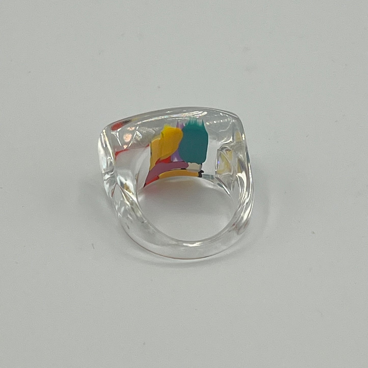 Clear Lucite 1970s Reverse Painted Geometic Ring