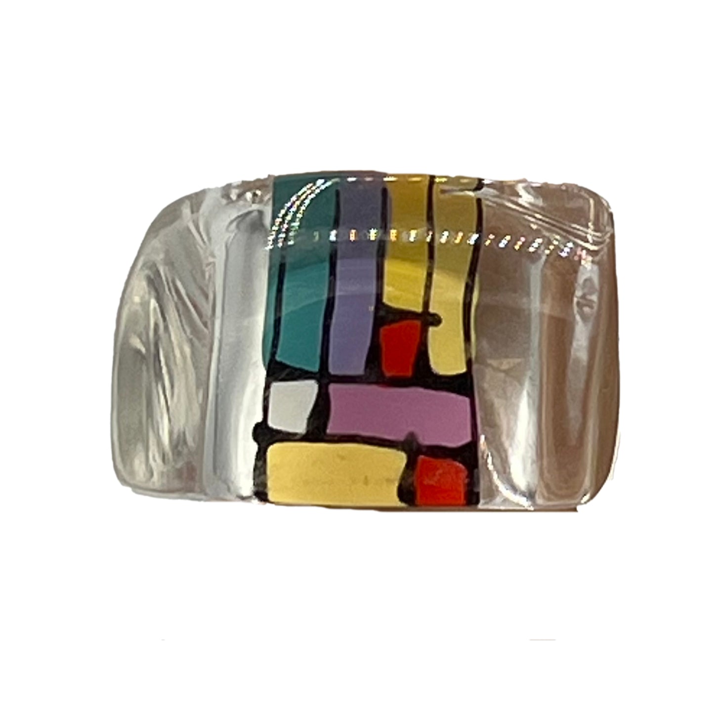 Clear Lucite 1970s Reverse Painted Geometic Ring